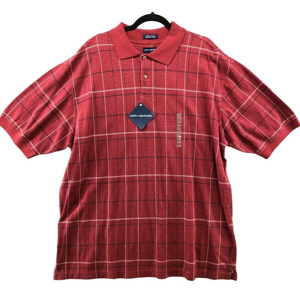 NWT John‎ Ashford Short Sleeve Polo Shirt Mens XXL Red Plaid Cotton